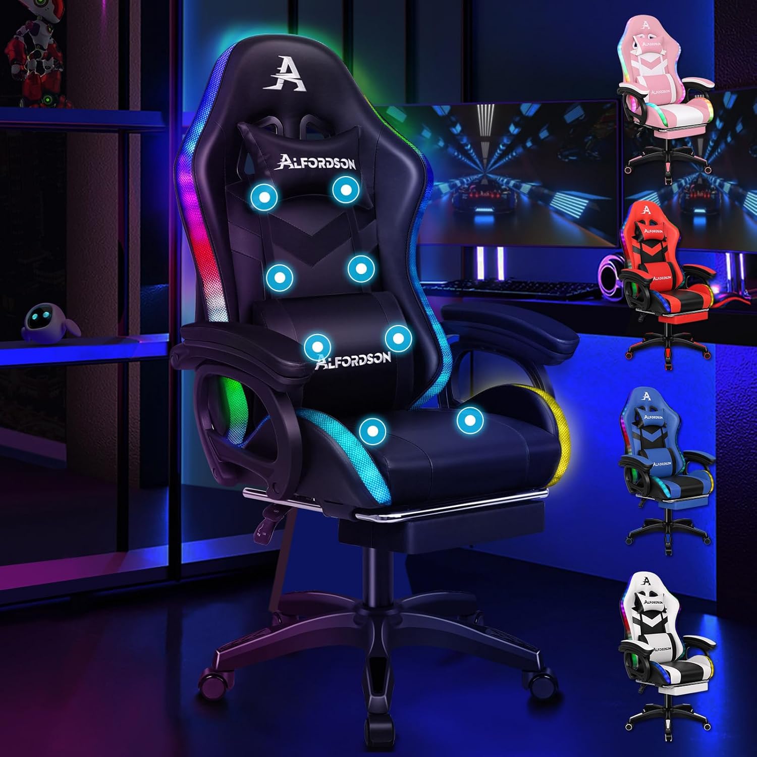 Gaming Chairs - ALFORDSON Gaming Chair with 8-Point Massage 12 Colours RGB LED Light, Office Chair Ergonomic with Footrests, Headrest Lumbar Cushion for Children Adults, Black