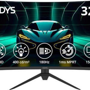 Gaming PC & Gaming Monitors – Odys XP32 PRO-X Curved Gaming Monitor 32 Inch (80 cm), 180 Hz, WQHD (2,560 x 1,440 px), 1ms Response Time, 400 nits, HDR, 1500R, FreeSync/G-Sync, 120% sRGB, Eye Care, 2 x HDMI, 2 x Display Port
