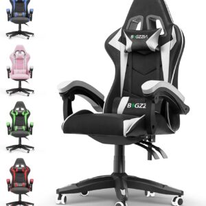 Gaming Chairs – bigzzia Gaming Chair, Ergonomic with Lumbar Cushion and Headrest, Gamer Chair, Height Adjustable, PC Chair for Adults, Girls, Boys, Black/White