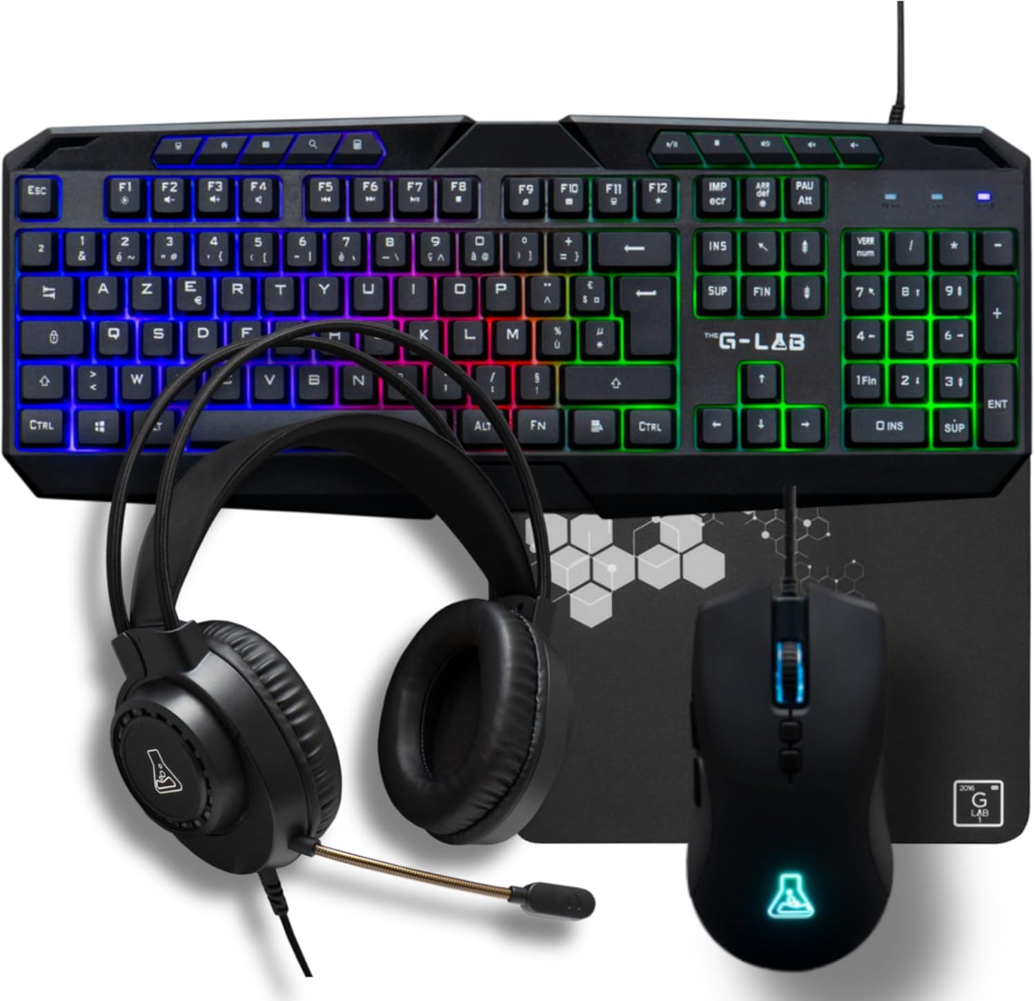 Gaming Tastatur & Maus - The G-Lab - Combo Sodium - Gaming Keyboard 4 in 1 - AZERTY USB RGB Gaming Keyboard 19 Antihosting Keys Gaming Mouse 6400 DPI Gaming Headphones & Mouse Pad - PC/PS4/PS5/Xbox