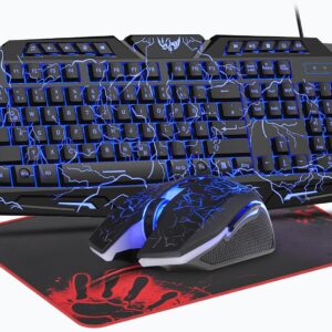 Gaming Tastatur & Maus – Gaming Keyboard and Mouse Set, QWERTZ DE 114 Keys Layout, LED Backlit Wired Keyboard, Ergonomic 4-Colour Gaming Mouse, Large Mouse Mat, USB for PC PS5 Xbox