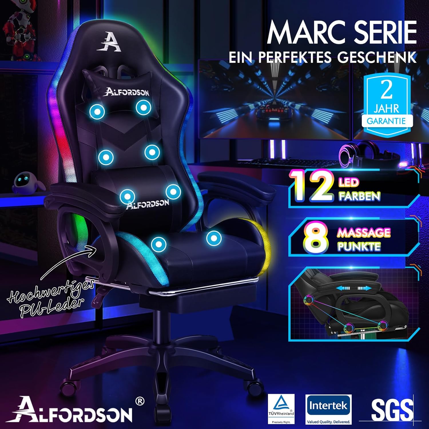 Gaming Chairs - ALFORDSON Gaming Chair with 8-Point Massage 12 Colours RGB LED Light, Office Chair Ergonomic with Footrests, Headrest Lumbar Cushion for Children Adults, Black – Bild 7