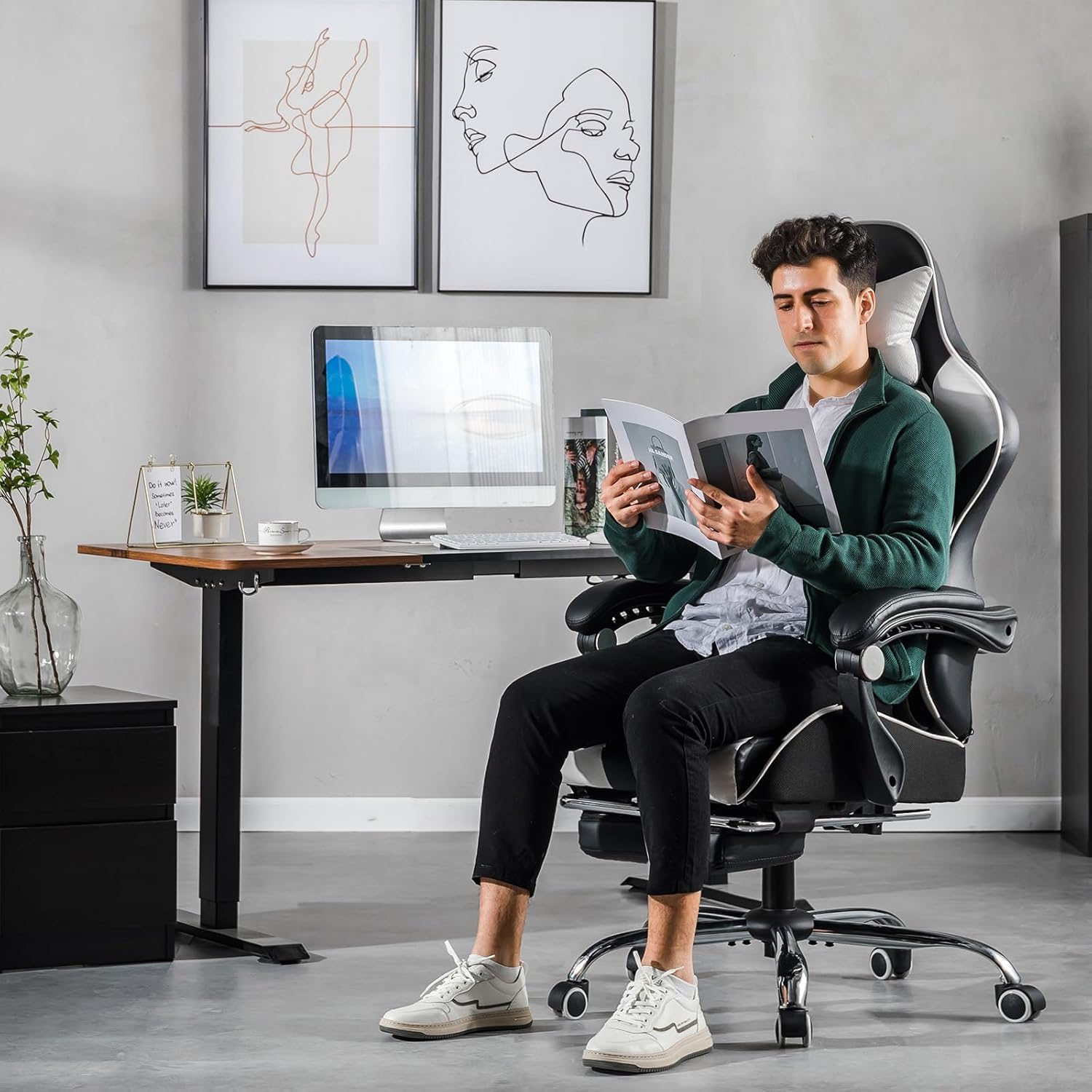 Gaming Chairs - GTPLAYER Gaming Chair Office Chair Massage Gaming Chair Ergonomic Gamer Chair with Footrest Headrest Massage Lumbar Cushion Padded Gaming Chair Swivel Chair White – Bild 2