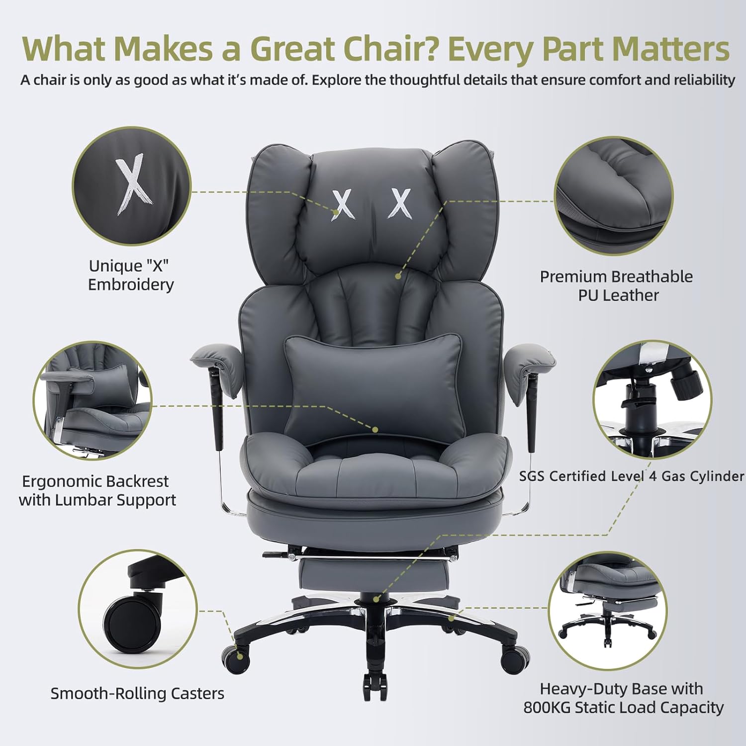 Gaming Chairs - Efomao Office Chair, X Embroidery Big and Tall PU Leather Chair for Home, Adjustable High-Backed Computer Gaming Chair, 200 kg Rotating Executive Chair with Footrest and Lumbar Support, Grey – Bild 3