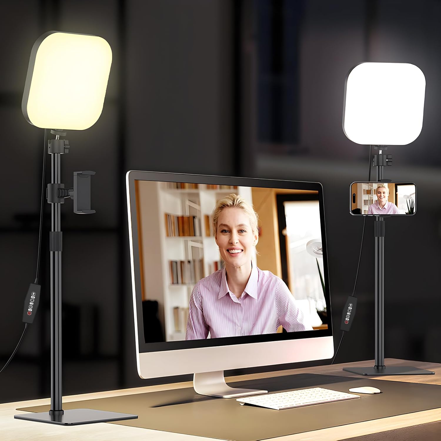 Streaming-Equipment - 180 LED Video Light with Mobile Phone Holder, Video Light with 3 Colours and 5 Brightness Levels, USB Powered Key Light for Video Conferences, Zoom Meetings, Live Streaming, Pack of 2
