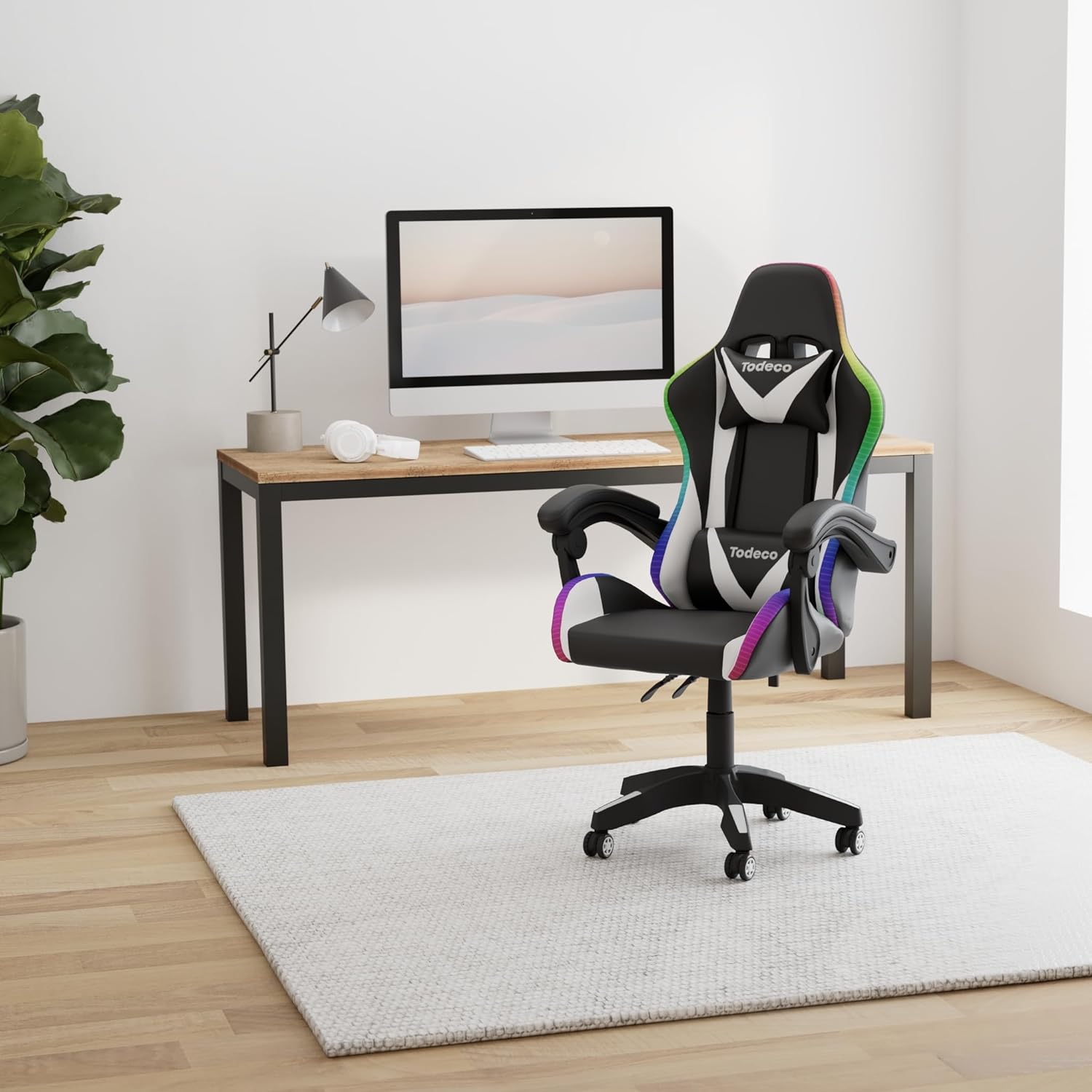 Gaming Chairs - Todeco Gaming Chair Massage with Light LED Racing Chair Gaming Chair Gamer Ergonomic Office Chair Adjustable Backrest Height Adjustable Swivel Chair with Headrest and Lumbar Cushion White – Bild 2