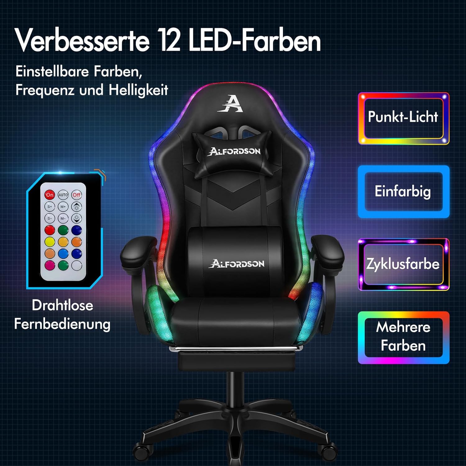 Gaming Chairs - ALFORDSON Gaming Chair with 8-Point Massage 12 Colours RGB LED Light, Office Chair Ergonomic with Footrests, Headrest Lumbar Cushion for Children Adults, Black – Bild 4