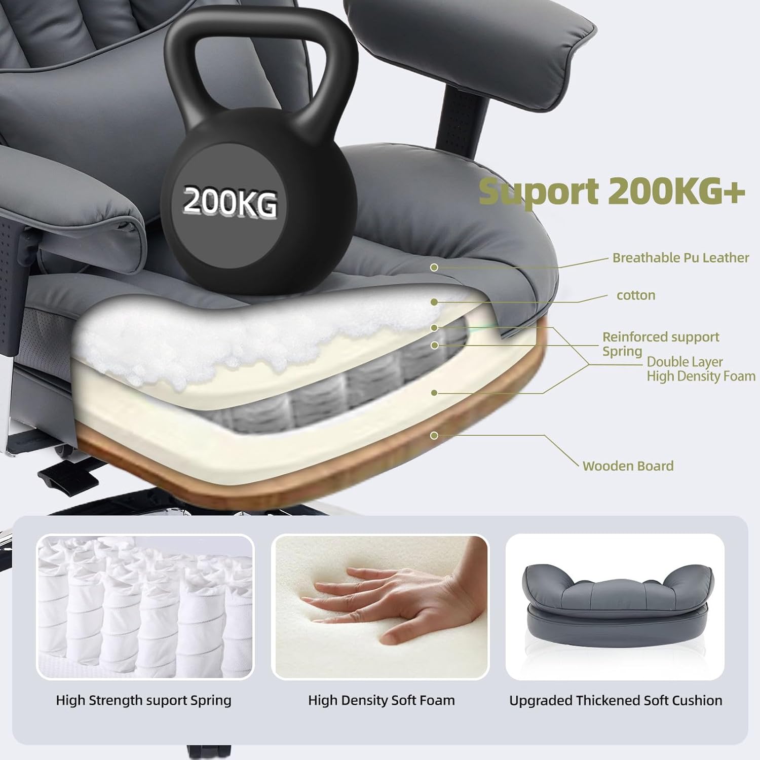 Gaming Chairs - Efomao Office Chair, X Embroidery Big and Tall PU Leather Chair for Home, Adjustable High-Backed Computer Gaming Chair, 200 kg Rotating Executive Chair with Footrest and Lumbar Support, Grey – Bild 7