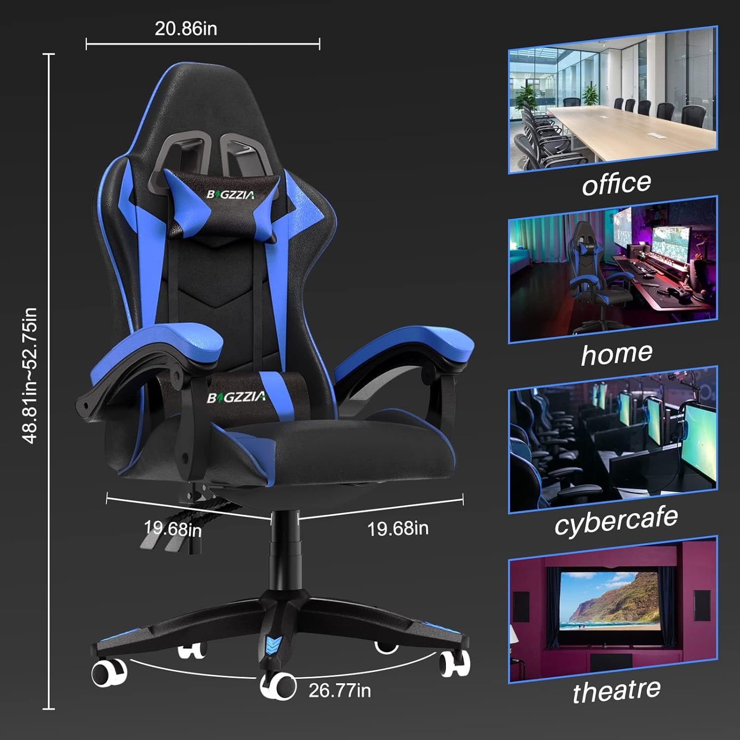 Gaming Chairs - bigzzia Ergonomic Gaming Chair, PC Chair, Gaming Chair, 90–135° Backrest Gamer Chair with Pillow and Armrests for Teenagers and Adults, Blue – Bild 3