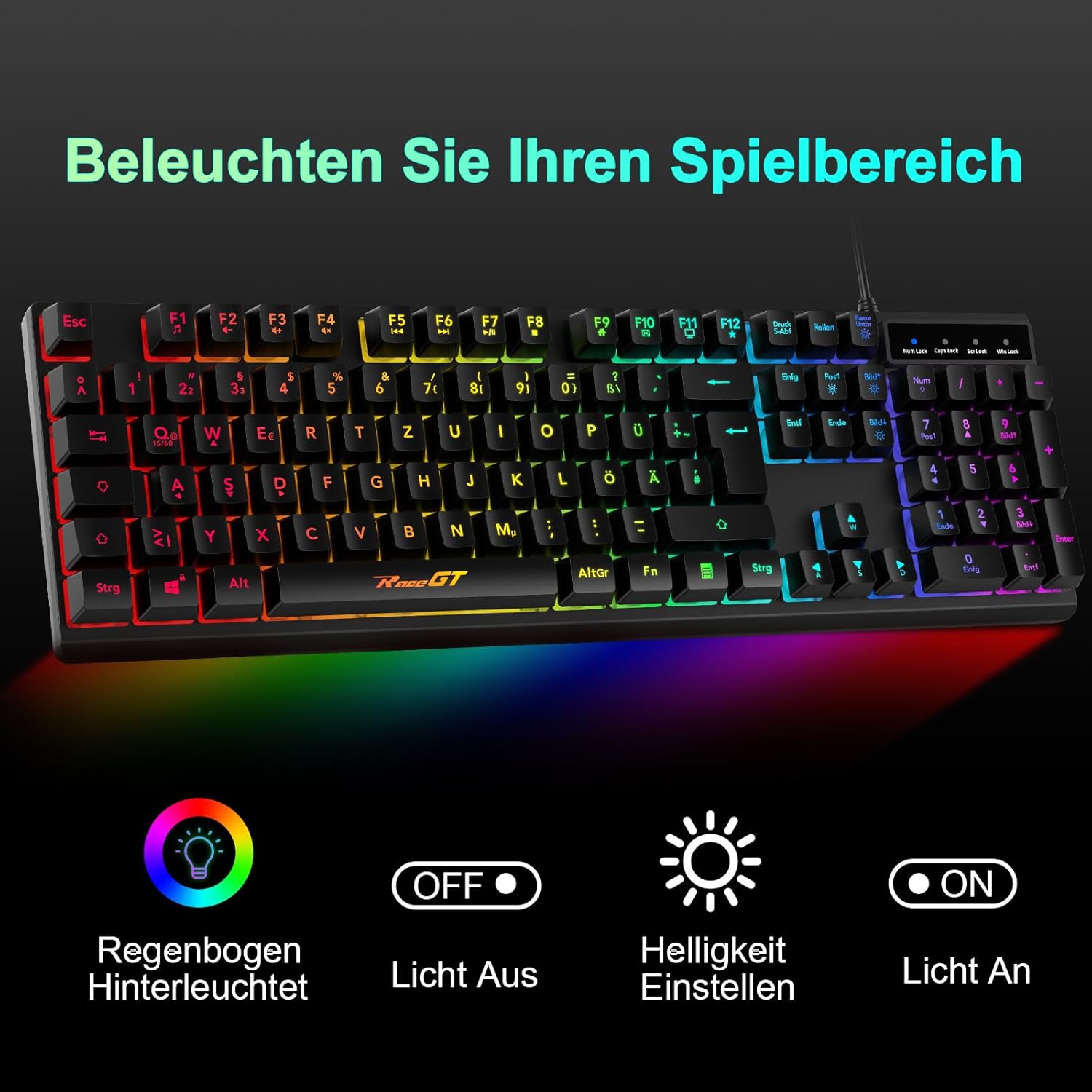 Gaming Tastatur & Maus - Mouse and Keyboard Gaming Office, RaceGT Keyboard Cable RGB Illuminated LED Backlight Waterproof 104 Keys Cable Mouse with 7 Buttons 6400 DPI for PC Gamer Laptop QWERTZ (German Layout) – Bild 4