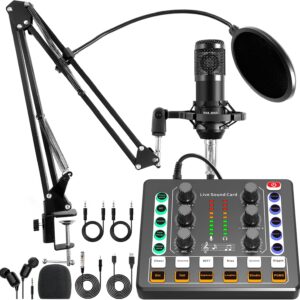 Streaming-Equipment – Podcast Equipment Bundle, Audio Interface and DJ Mixer and BM-800 Condenser Microphone, Podcast Microphone, Studio Equipment with Microphone Boom, Bluetooth for Podcast, Streaming, Voice Over, PC