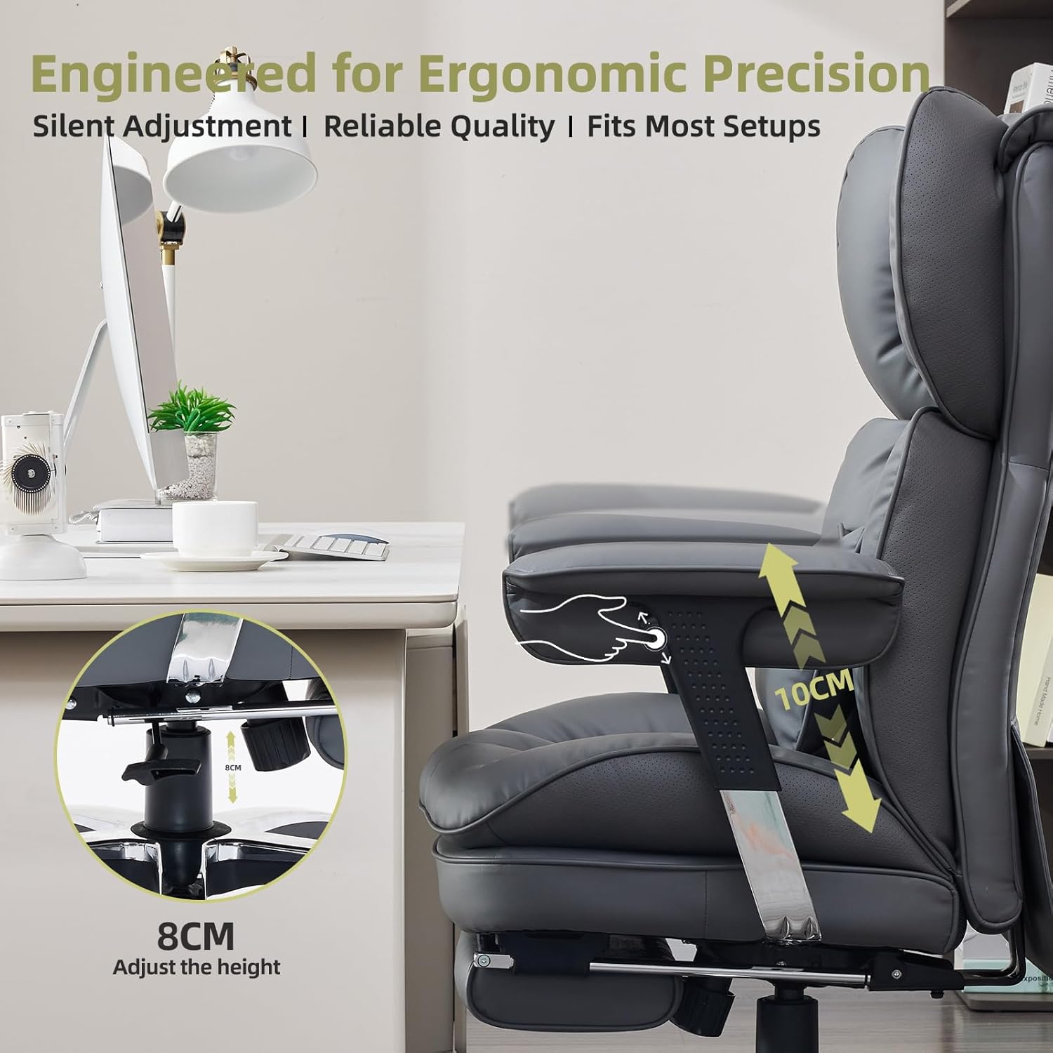 Gaming Chairs - Efomao Office Chair, X Embroidery Big and Tall PU Leather Chair for Home, Adjustable High-Backed Computer Gaming Chair, 200 kg Rotating Executive Chair with Footrest and Lumbar Support, Grey – Bild 4