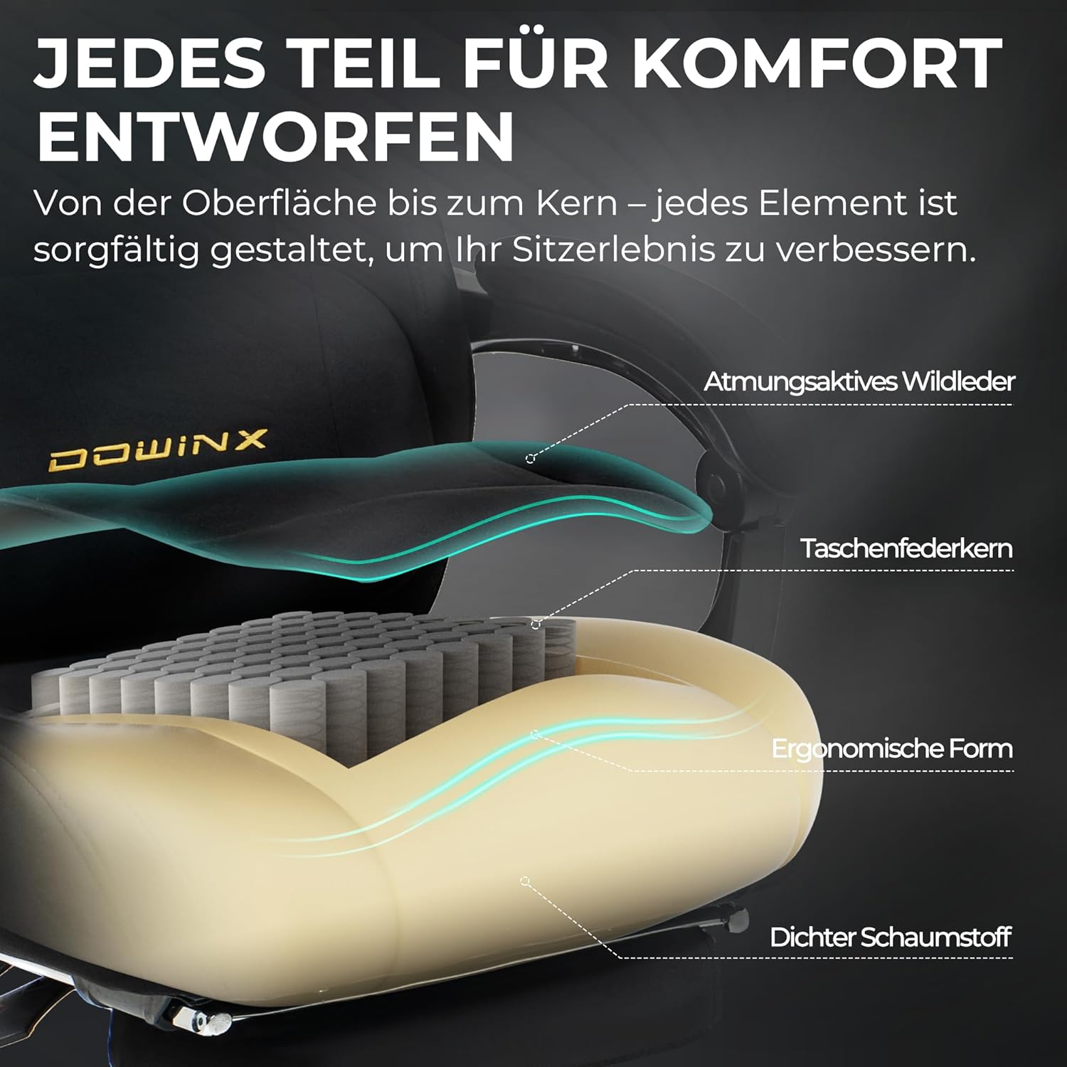 Gaming Chairs - Dowinx Ergonomic Gaming Chair with Massage Lumbar Cushion, Height-Adjustable Headrest, Thickened Seat Padding, Extendable Footrest, Adjustable Armrests, Microfibre Velour, 160° Tilt, Black – Bild 4
