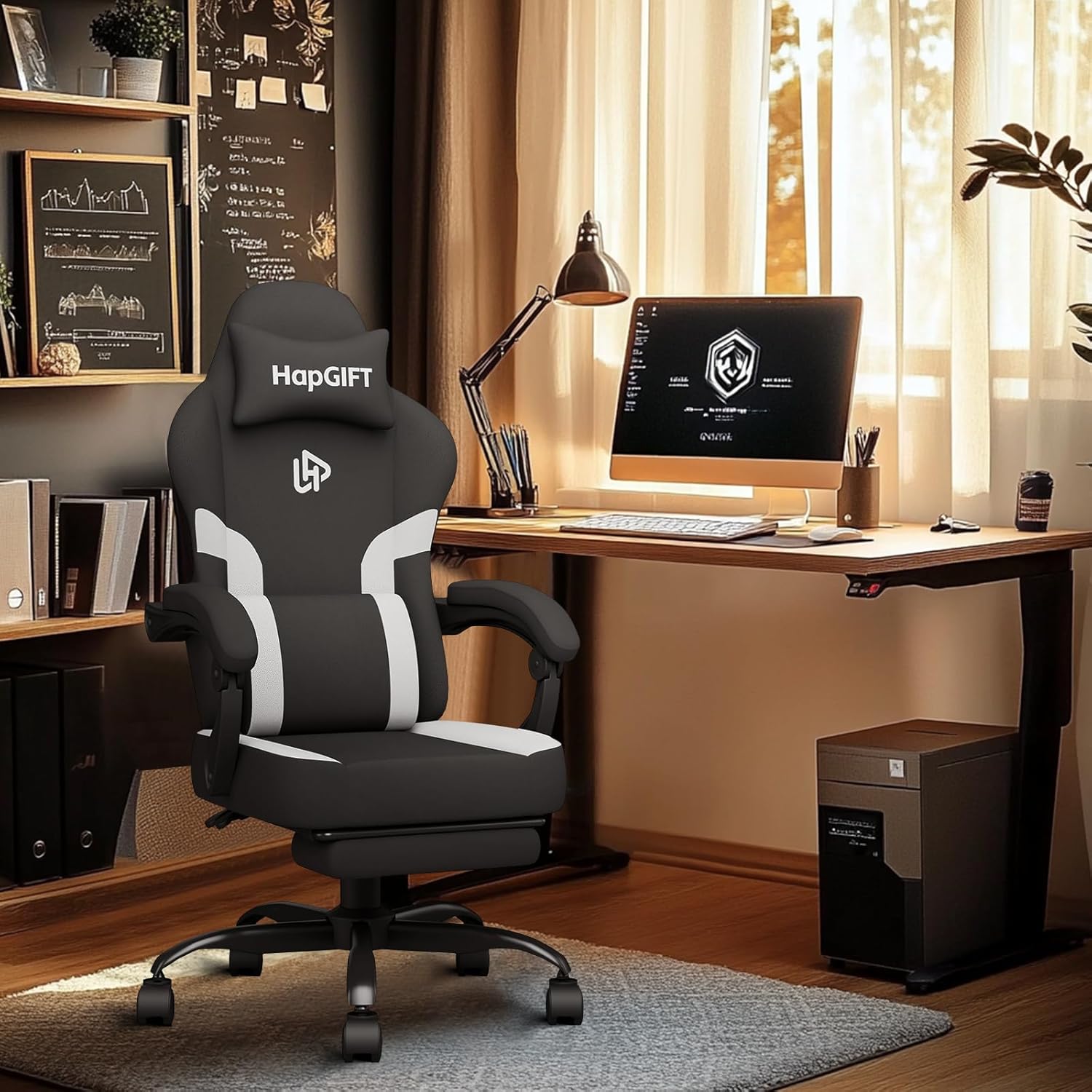 Gaming Chairs - HapGIFT Gaming Chair, Gamer Chair with Massage Function, Gaming Chair with Footrest, PC Chair with Adjustable Backrest, Technical Fabric Computer Office Chair for Teenagers, 150 kg, Black White – Bild 2