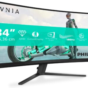 Gaming PC & Gaming Monitors – Philips 34M2C3500L 34 Inch UW-QHD Monitor, Curved, 180 Hz, Fast VA Panel, 0.5 ms MPRT, Adaptive Sync, HDR10, FreeSync Premium, (3440 x 1440, 2 x HDMI 2.0, DP 1.4), Dark Grey