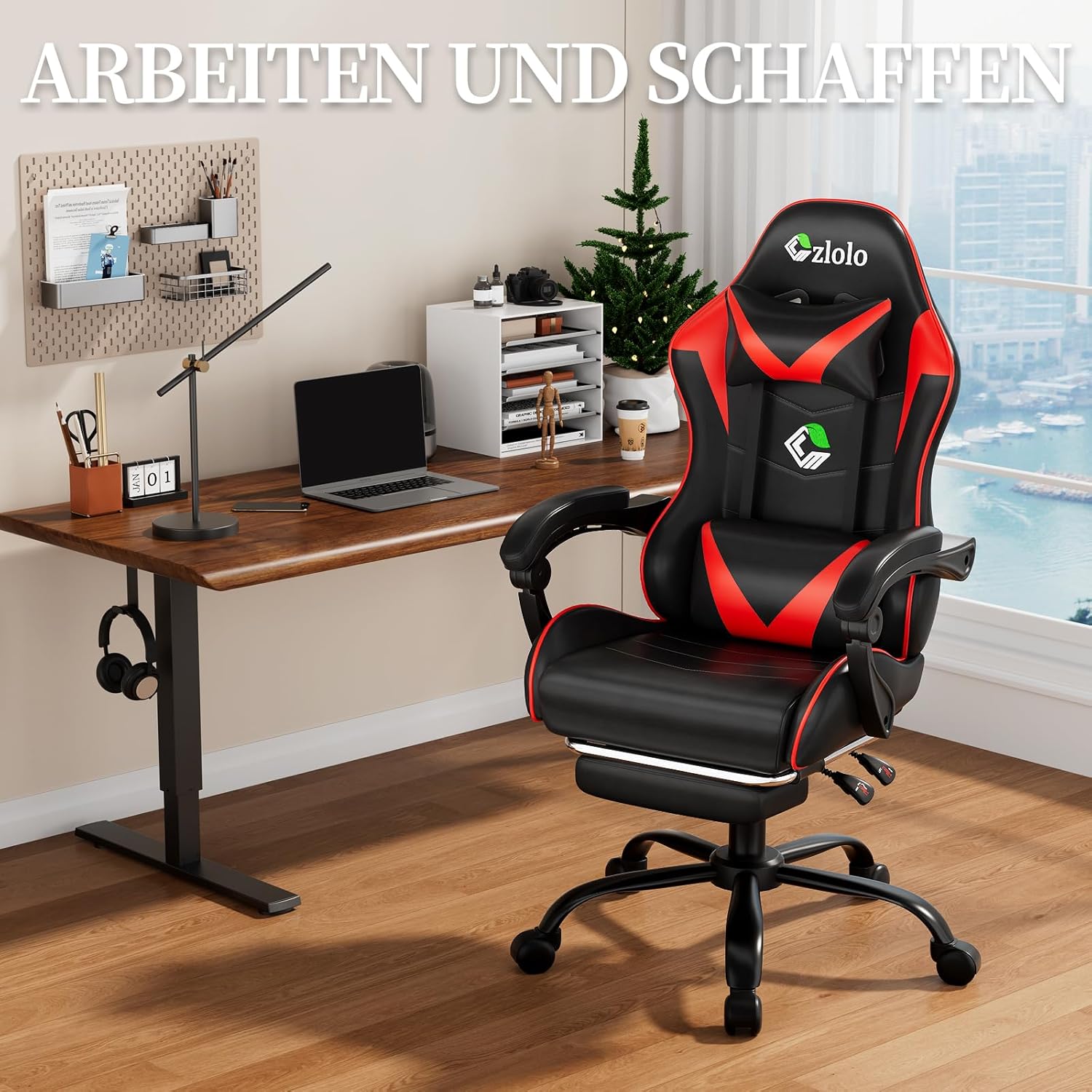 Gaming Chairs - Gaming Chair, PC Gaming Chair for Teenagers and Children, Ergonomic Office Chair with Footrests, Gaming Chair with Headrest and Measurement Function, Height Adjustable, Red – Bild 3