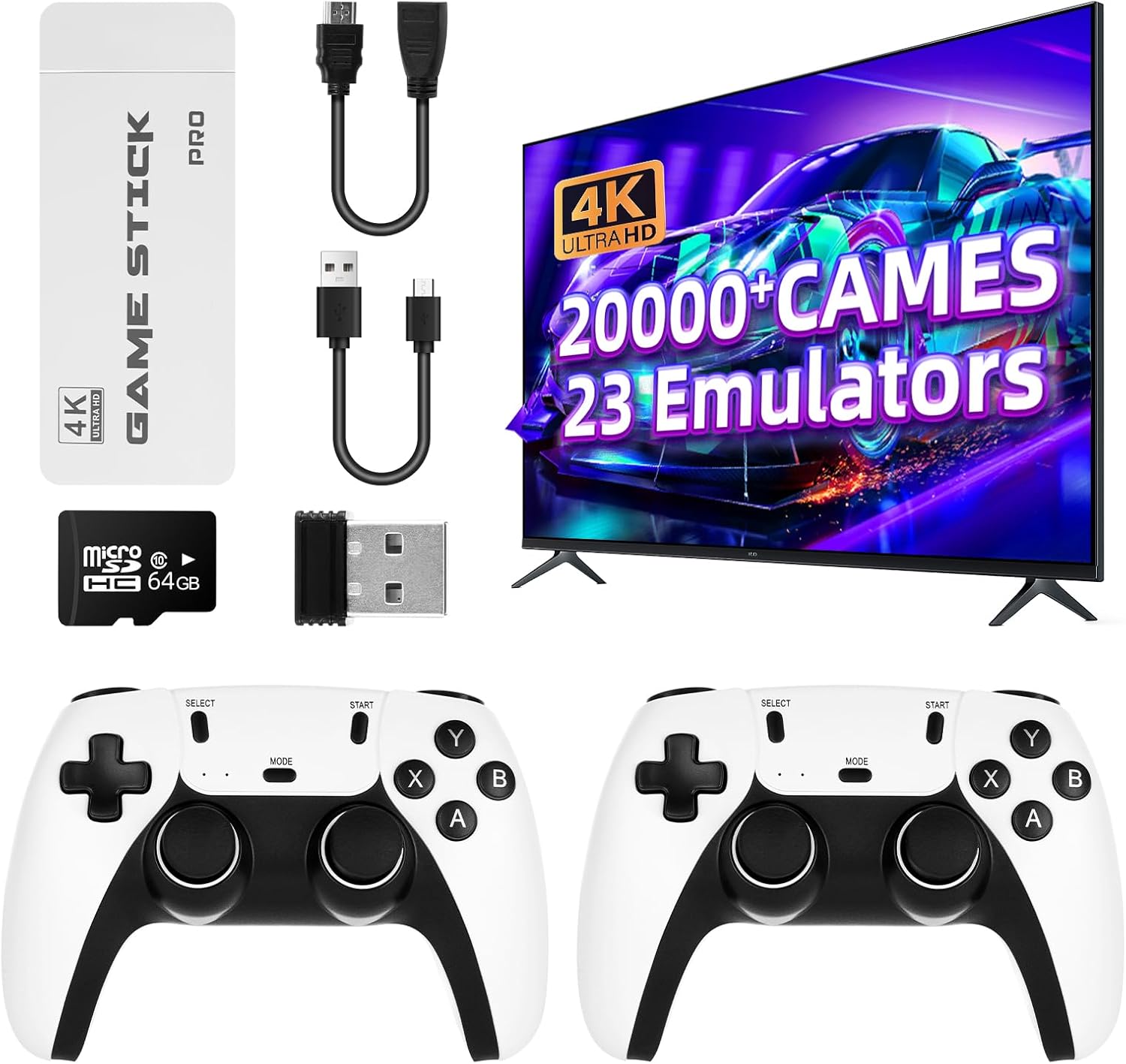 Gaming Consoles & Controllers - Retro Game Console/Video Game Console/2 Game Controllers, Internal 64GB Card/Over 30,000 Games, Arcade Screen 1080P/720P HDM-(White+Black)