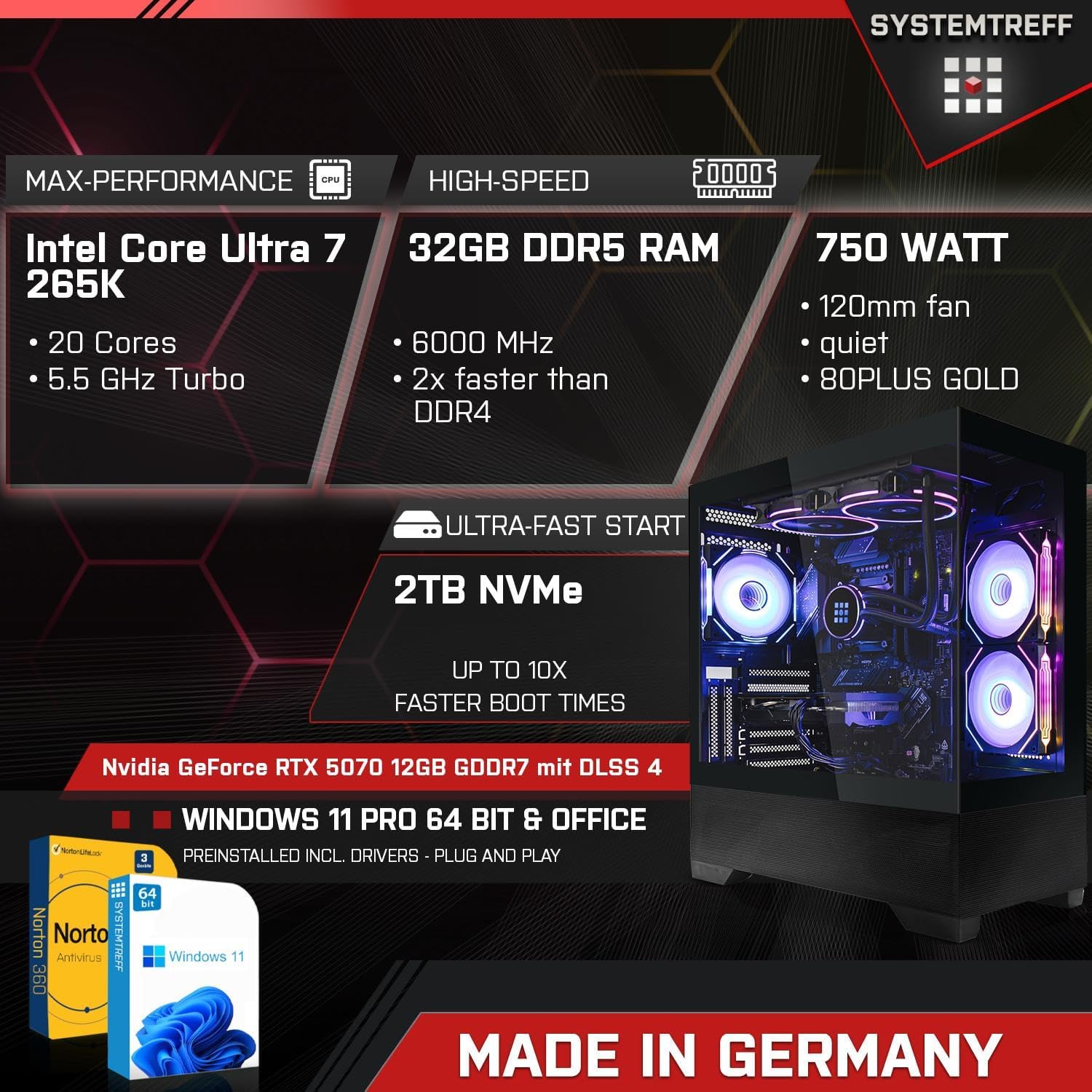 Gaming PC & Laptops - SYSTEMTREFF High-End Gaming PC Intel Core Ultra 7 265K 20x5.5GHz | Nvidia RTX 5070 12GB DX12 | 2TB M.2 NVMe | 32GB DDR5 RAM | Desktop Computer Calculator for Gamers, Gamers & Streamers – Bild 2