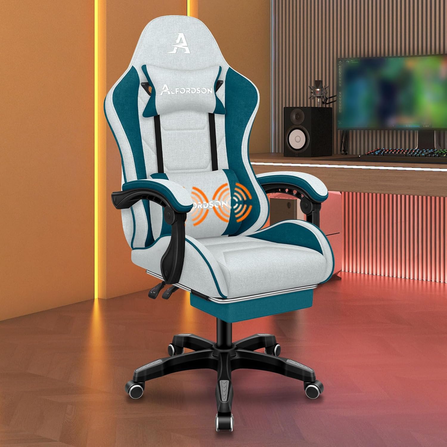Gaming Chairs - ALFORDSON Office Chair, Gaming Chair, Massage, Ergonomic Gamer Chair with Footrest, Headrest, Massage Lumbar Cushion, Padded, Swivel Chair Made of Linen Fabric, Dark Teal