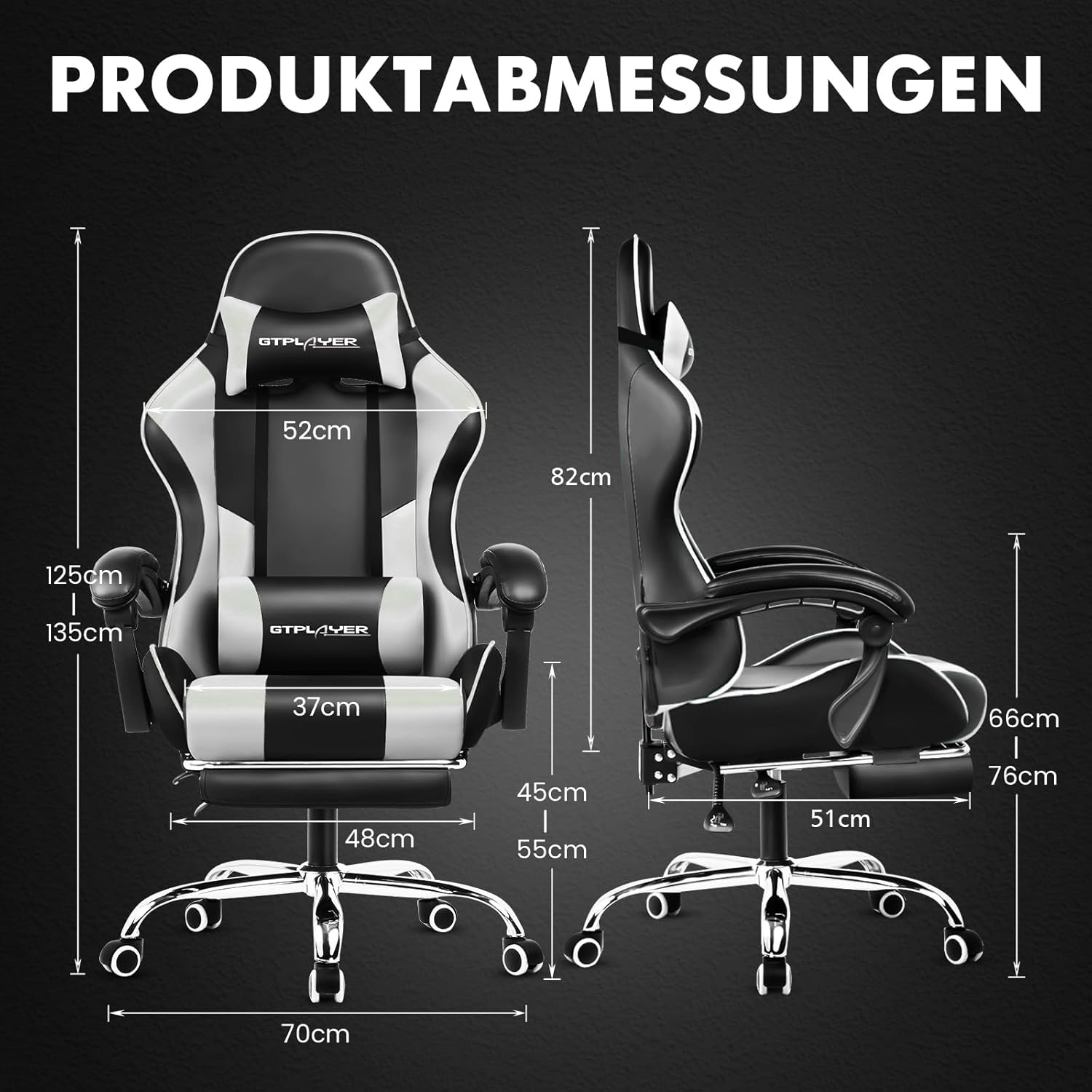 Gaming Chairs - GTPLAYER Gaming Chair Office Chair Massage Gaming Chair Ergonomic Gamer Chair with Footrest Headrest Massage Lumbar Cushion Padded Gaming Chair Swivel Chair White – Bild 3