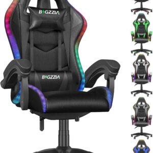Gaming Chairs – bigzzia Gaming Chair with LED, Gaming Chair, Ergonomic PC Chair with Headrest, Gaming Chair RGB Light Lighting Computer Chair, Gamer Chair for Teenagers and Adults, Black
