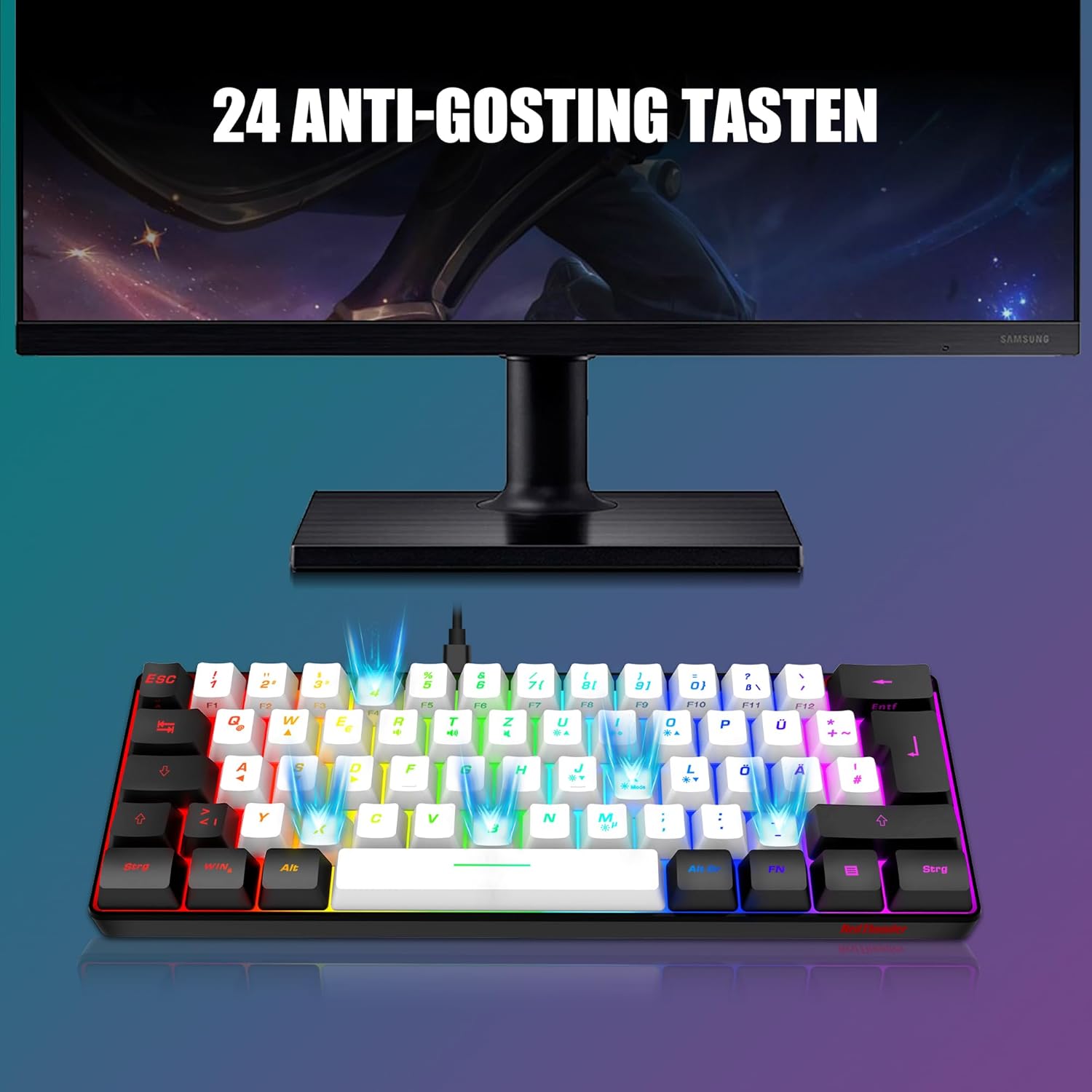 Gaming Tastatur & Maus - RedThunder K62 60% Wired Gaming Keyboard and Mouse Set, QWERTZ DE Layout, Ultralight with Honeycomb Construction for PC Mac PS5 Xbox Gamer (White - Black) – Bild 6