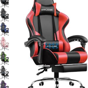 Gaming Chairs – GTPLAYER Office Chair Gaming Chair Massage Gaming Chair Ergonomic Gamer Chair with Footrest Headrest Massage Lumbar Cushion Padded Gaming Chair Swivel Chair Red