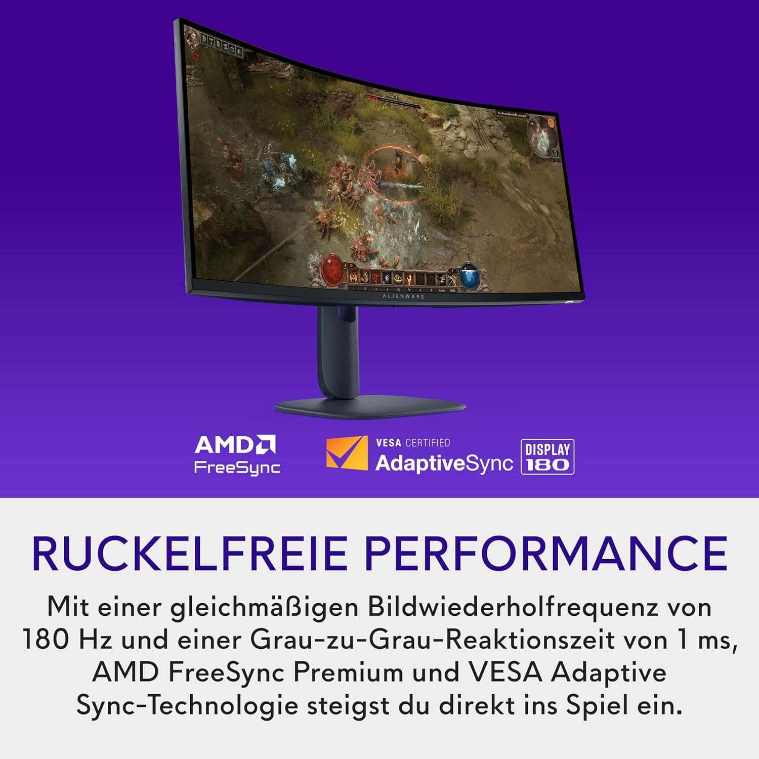 Streaming-Equipment - Alienware 34 Gaming Monitor - AW3425DWM, WQHD (3440x1440), 21:9 1500R Curved, 180Hz, VA, 1ms, AMD FreeSync Premium, VESA AdaptiveSync, 95% DCI-P3, HDR400, DisplayPort, 2 HDMI, 3 USB, 3 Year Warranty – Bild 2