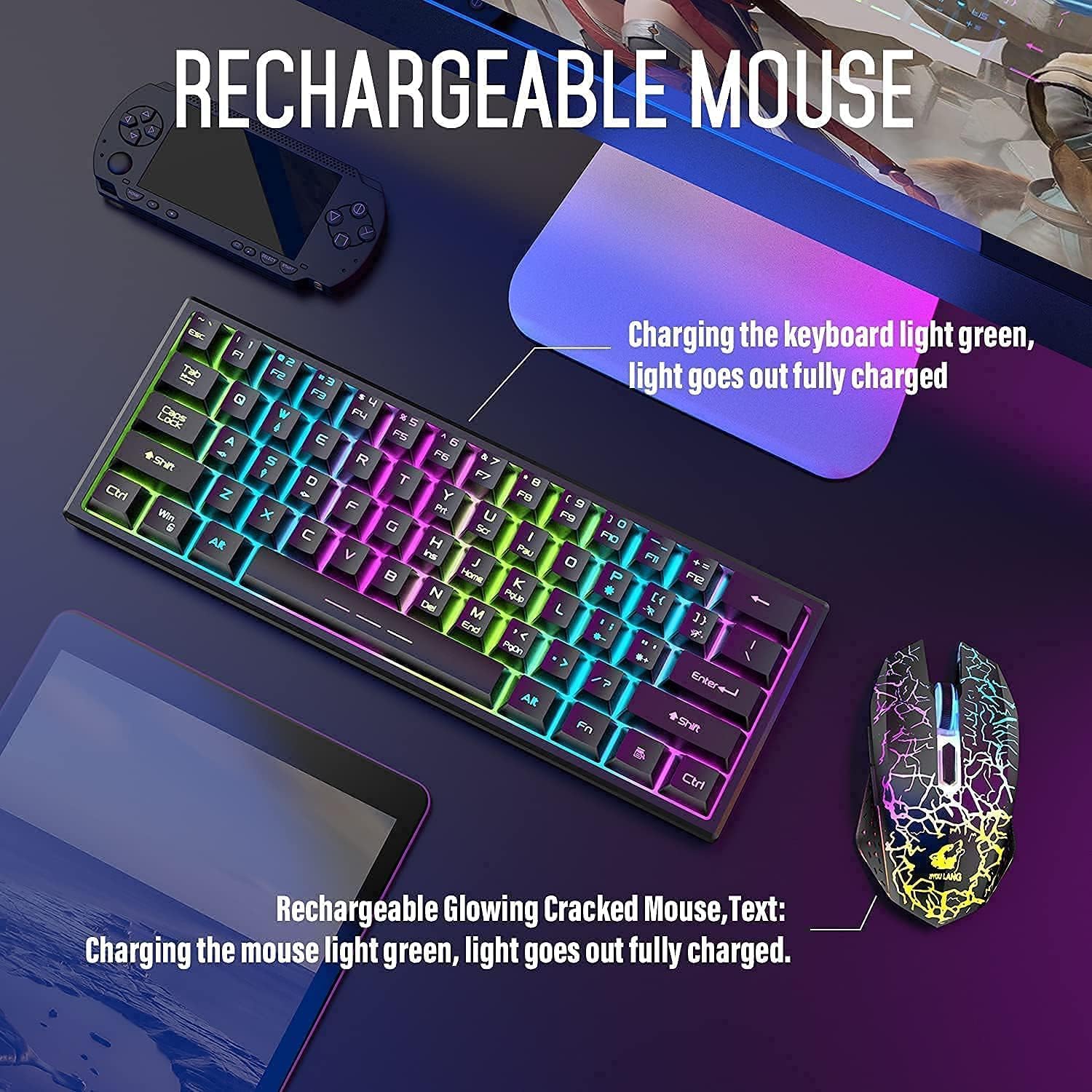 Gaming Tastatur & Maus - 2.4GHz Keyboard Mouse Gaming Set Wireless Illuminated 61 Keys Rainbow 3800 mAh Rechargeable Mechanical Feel Keyboard, 2400 DPI Rainbow Light LED 6 Buttons Mouse, Compatible PC Black – Bild 7