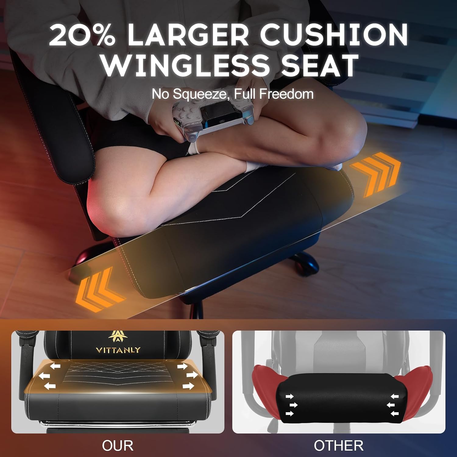 Gaming Chairs - Vittanly Gaming Chair with Spring Cushion, Ergonomic Gaming Chair, Gamer Chair with Headrest, Lumbar Cushion and Footrest, Height-Adjustable Rotating Gaming Chair, Office Chair, 150 kg, Black – Bild 7