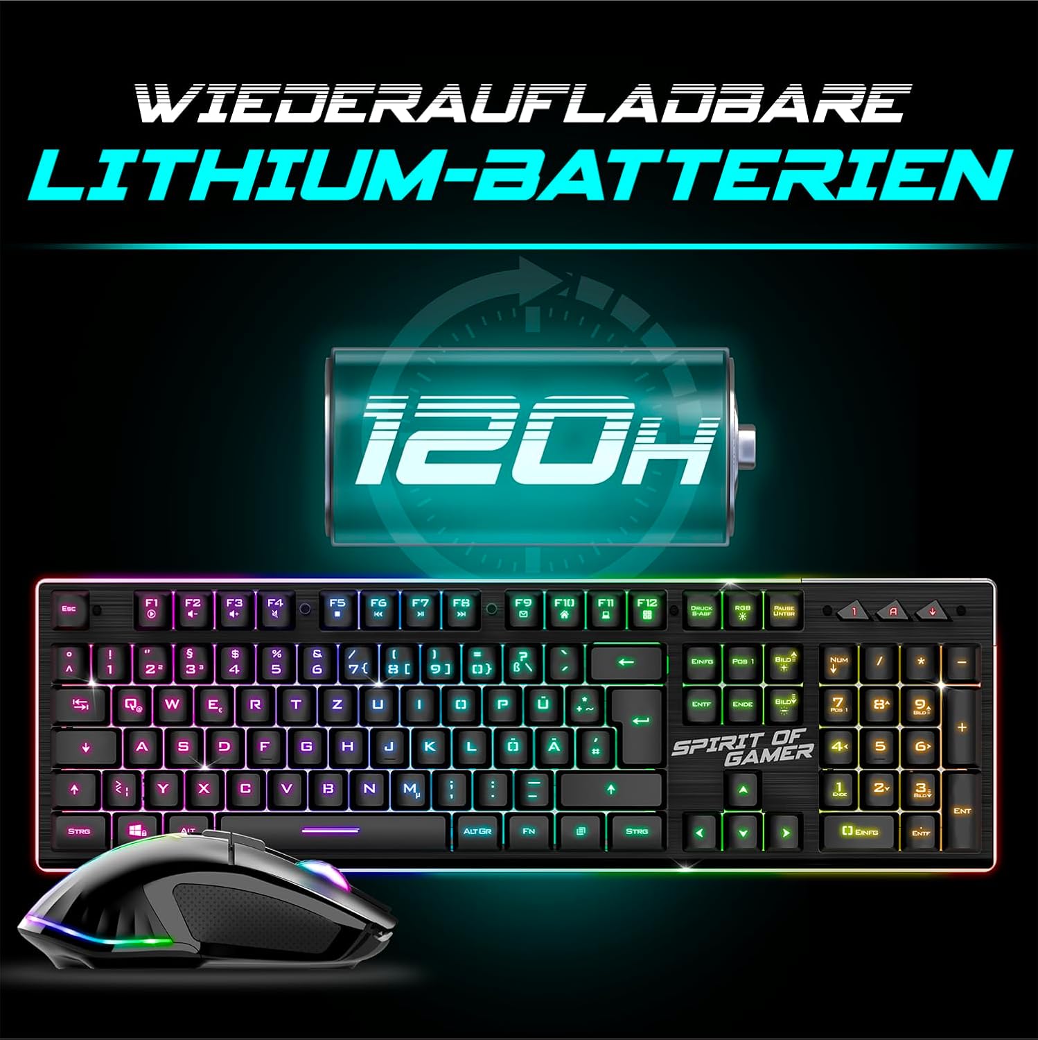 Gaming Tastatur & Maus - SPIRIT OF GAMER x Ultimate 600 Gaming Keyboard Mouse Set Wireless Black Rechargeable RGB DE Layout Semi Mechanical Aluminium Plate 4800 DPI Wireless Mouse for PS5, PS4, PC, Xbox – Bild 5