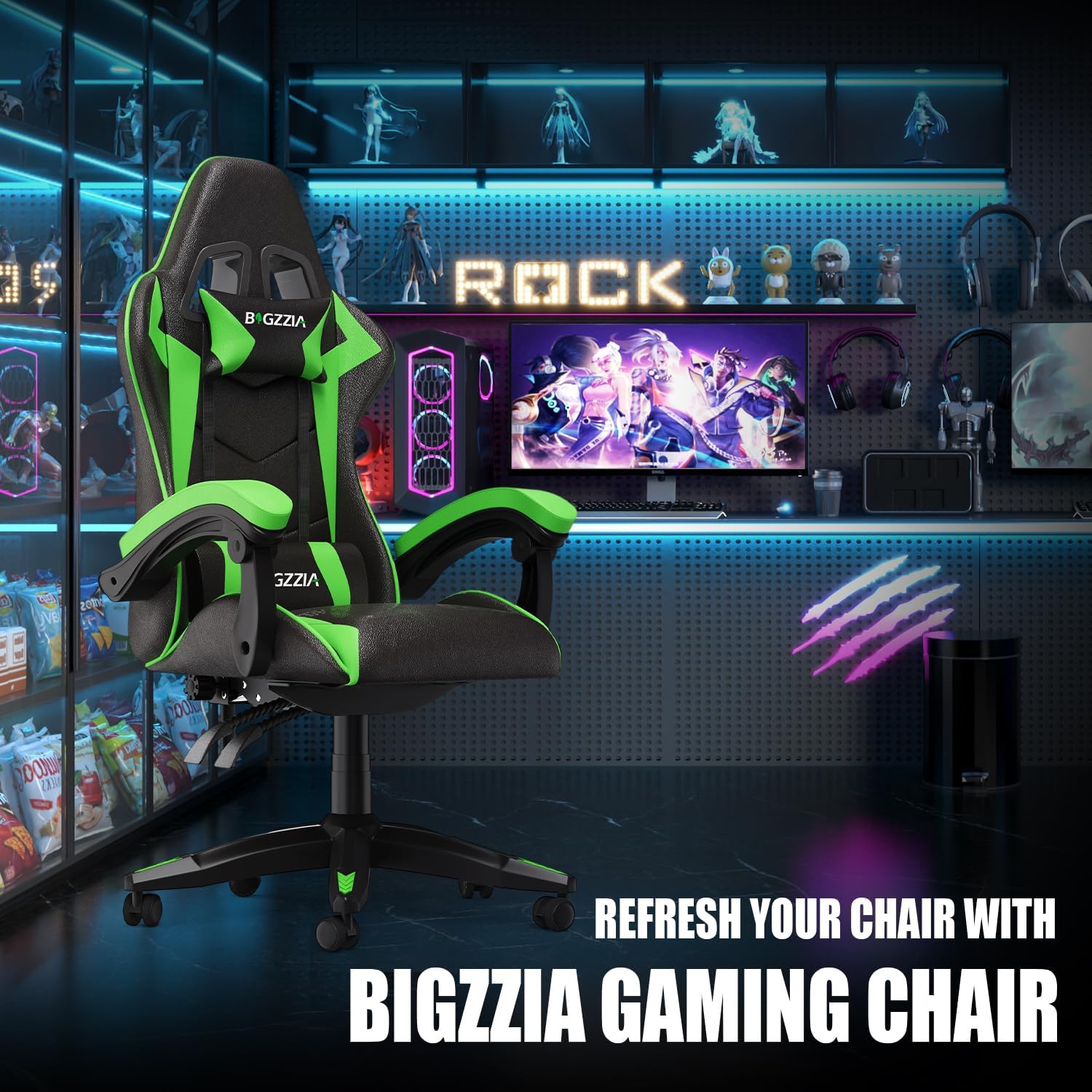 Gaming Chairs - Gaming Chair Ergonomic PC Chair Gaming Height Tilt Angle Adjustable, PU Leather with Padding Headrest, Gamer Chair for Children Teenagers Adults Gaming Office (Black/Green) – Bild 9