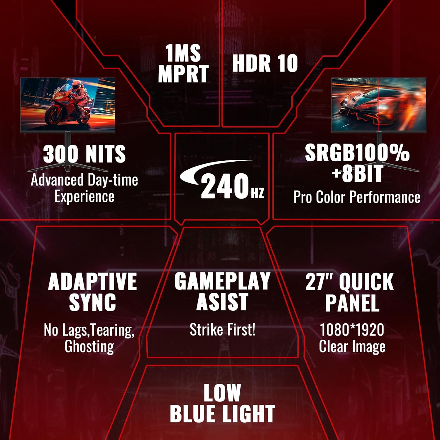 Gaming PC & Gaming Monitors - Smart Tech 27 Inch Gaming Monitor 240Hz, MPRT 1ms, with Speakers, Adaptive Sync, FHD 1080P, 130% sRGB, Height Adjustable, Rotatable, Type-C, HDMI DP, VESA, PC Screen - Black – Bild 5