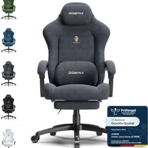 Gaming Chairs – Dowinx Gaming Chair, Height-Adjustable Massage Lumbar Cushion, Ergonomic, Soft Microfibre Velour, Thickened Seat Padding, Headrest and Footrest Included, 155° Tilt, Grey