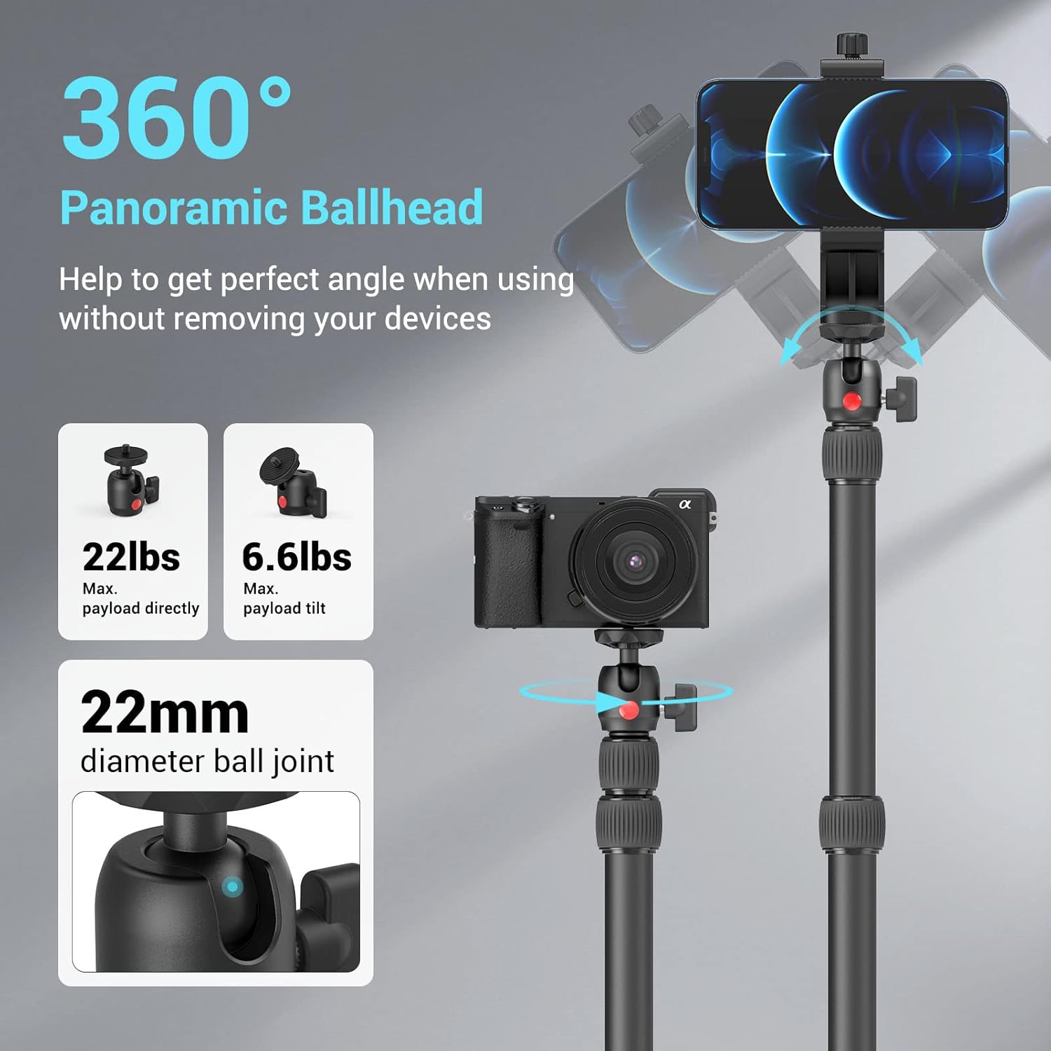 Streaming-Equipment - SMALLRIG 3488 Camera Light Stand Table Tripod Light Stand with 1/4"-20 Ball Head, 13"-35.4" Adjustable Tablet Holder, Clamp for DSLR Camera, Ring Light, Live Streaming, Video Recording – Bild 4