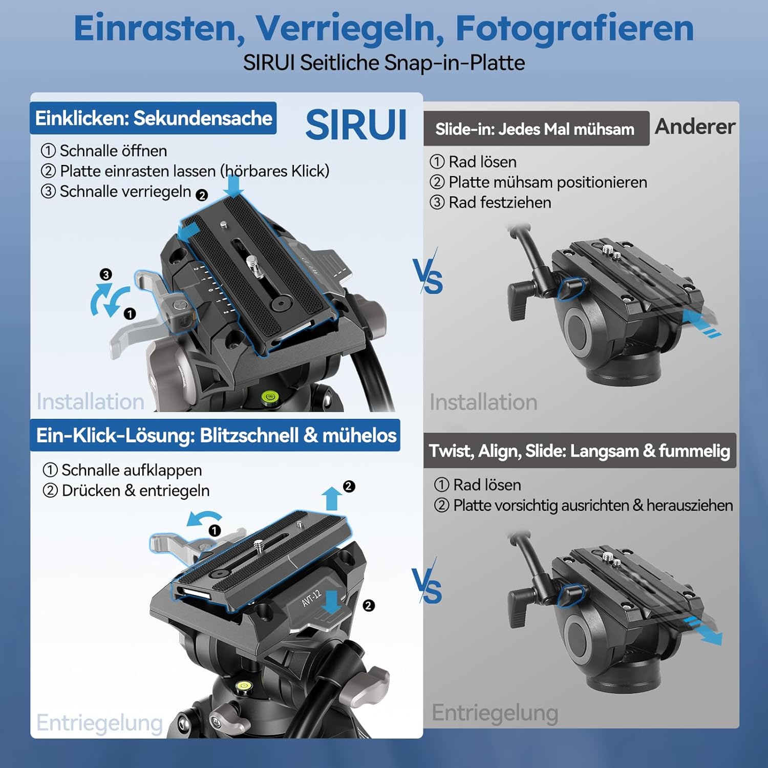 Streaming-Equipment - SIRUI AVT-12 Carbon Video Tripod with Liquid Head, 185 cm Professional Camera Tripod, Quick Release Plate, Load Capacity 15 kg, Lightweight (3.3 kg) for DSLR, Camcorder, Live Streaming – Bild 3