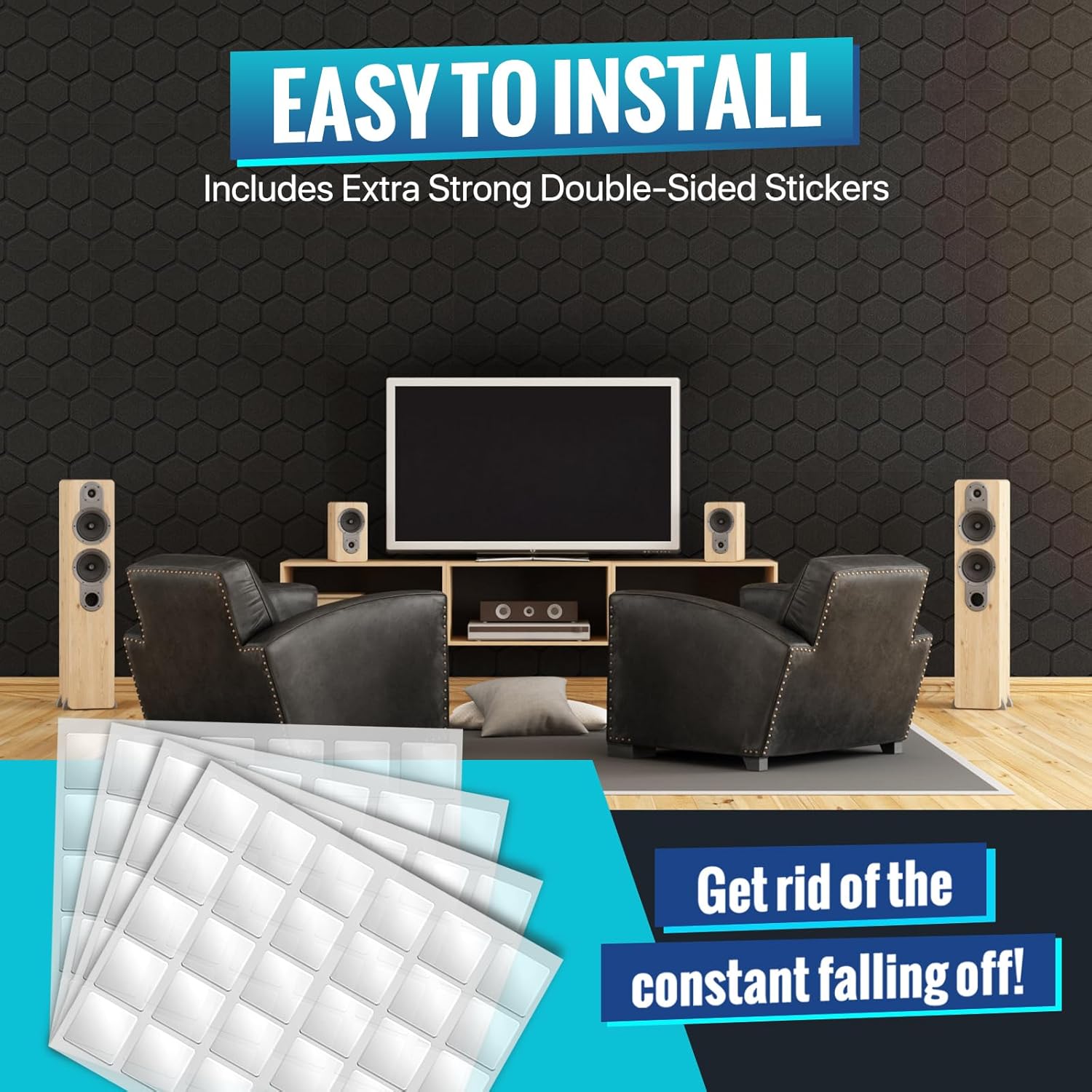 Streaming-Equipment - Acoustic Foam, Pack of 24, Acoustic Panels, Sound Absorber, 30 x 30 x 2.5 cm, Sound Insulation, Sound Insulation Mat, Podcast, Studio, Gaming Decoration, Streaming Accessories, Acoustic Panels, Black – Bild 4