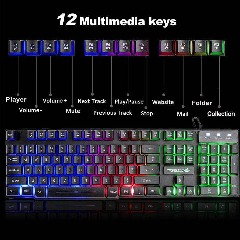 Gaming Tastatur & Maus - Keyboard and Mouse Set, UK Layout Ergonomic Rainbow Backlit Gaming Keyboard + 2400 DPI 6 Optical Keys, Gaming Mouse USB, Rainbow LED + Free Mouse Pad – Bild 4
