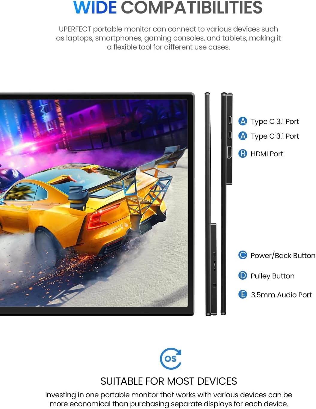 Gaming PC & Gaming Monitors - UPERFECT Portable Monitor 21.5 Inch 120Hz Portable Monitor 1300:1 1920 x 1080 Full HD IPS Screen Integrated Bracket HDMI USB C for PC Laptop Game Console Metal Housing VESA Compatible – Bild 8