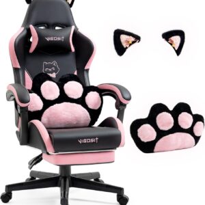 Gaming Chairs – Cute Gaming Chair with Cat Paw Lumbar Cushion and Cat Ears, Ergonomic Gamer Chair with Footrest, Reclining PC Game Chair for Girls, Teenagers, Children, Black Pink