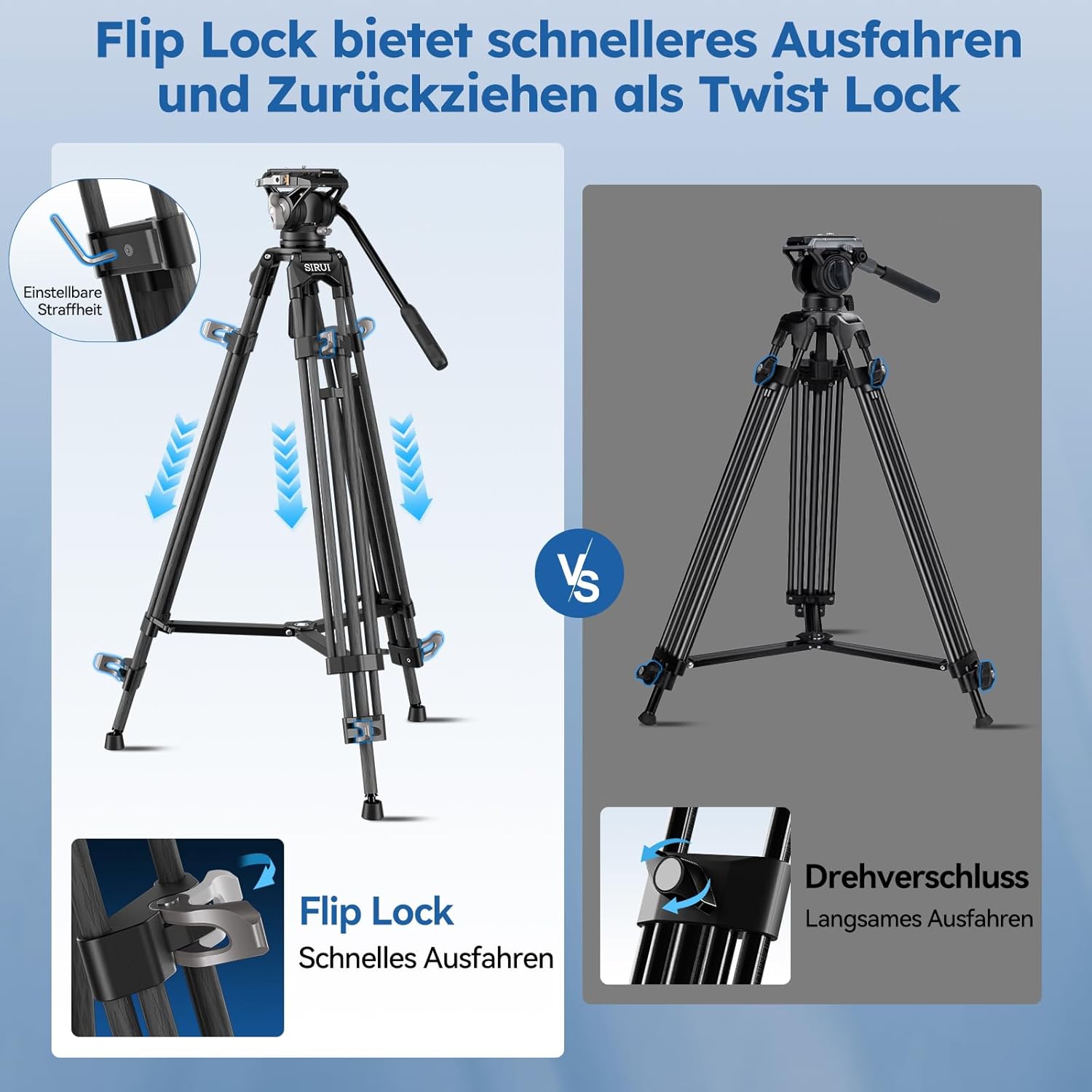 Streaming-Equipment - SIRUI AVT-12 Carbon Video Tripod with Liquid Head, 185 cm Professional Camera Tripod, Quick Release Plate, Load Capacity 15 kg, Lightweight (3.3 kg) for DSLR, Camcorder, Live Streaming – Bild 5