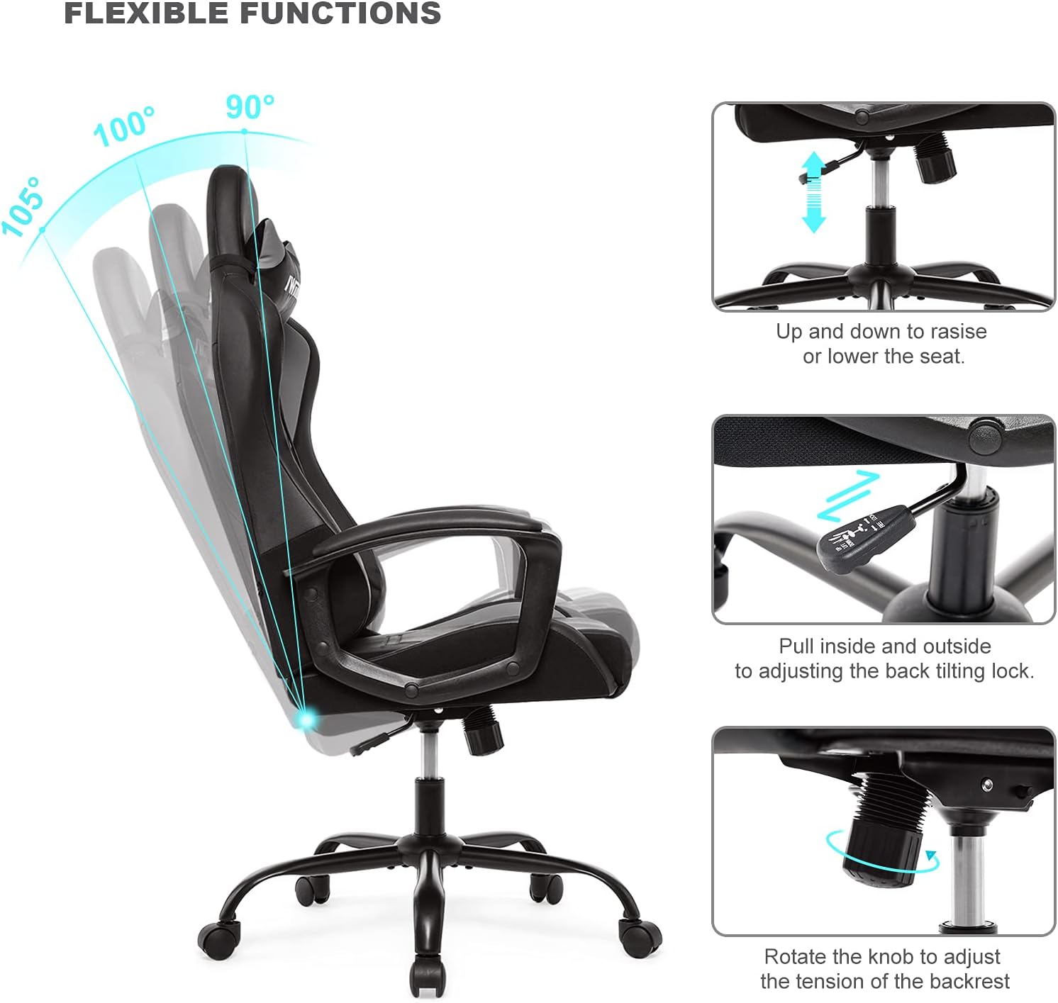 Gaming Chairs - IWMH Gaming Chair, Ergonomic Computer Chair with High Backrest, Height-Adjustable Swivel Chair, Racing Chair with Armrests, Adjustable Headrest and Lumbar Support (Grey) – Bild 5