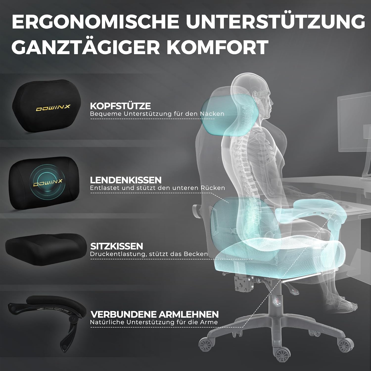 Gaming Chairs - Dowinx Ergonomic Gaming Chair with Massage Lumbar Cushion, Height-Adjustable Headrest, Thickened Seat Padding, Extendable Footrest, Adjustable Armrests, Microfibre Velour, 160° Tilt, Black – Bild 8