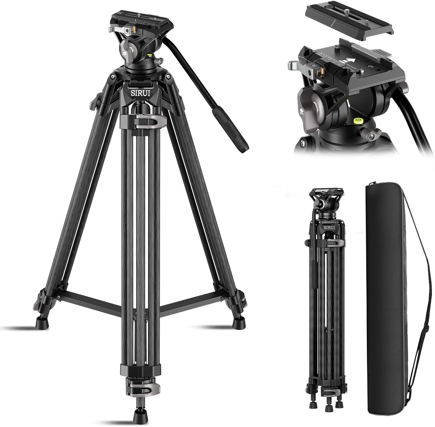 Streaming-Equipment - SIRUI AVT-12 Carbon Video Tripod with Liquid Head, 185 cm Professional Camera Tripod, Quick Release Plate, Load Capacity 15 kg, Lightweight (3.3 kg) for DSLR, Camcorder, Live Streaming