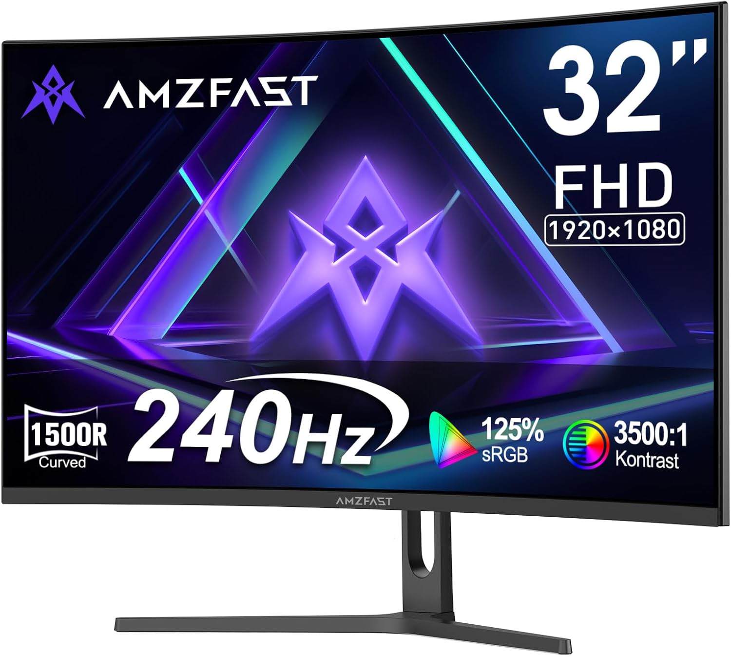 Gaming PC & Gaming Monitors - Amzfast AMZG32C1F Curved Gaming Monitor 32" 240Hz FHD 1ms MPRT Adaptive Sync sRGB 120% HDR Flicker Free Low Blue Light HDMI 2.0/DP 1.4