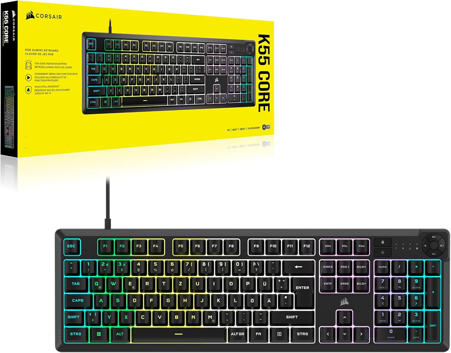 Gaming Tastatur & Maus - Corsair K55 CORE RGB Membrane Wired Gaming Keyboard - Quiet, Responsive Switches - Splash Proof - Ten Zone RGB - Media Keys - iCUE Compatible - QWERTZ DE - PC, Mac - Black – Bild 7