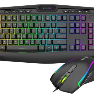 Gaming Tastatur & Maus – Gaming Keyboard and Mouse Set, (QWERTY) US Layout, RGB Backlight Wired Keyboard with Wrist Rest, 104 Keys Quiet Membrane, 26 Keys Anti-Ghosting, for PC and Gamer, Black