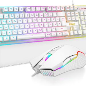 Gaming Tastatur & Maus – RedThunder K10 Gaming Keyboard and Mouse Set, QWERTZ DE Layout, Metal Plate and Wrist Rest, RGB Backlight – and 7D with Ergonomic – for PC Mac Gamer (White)
