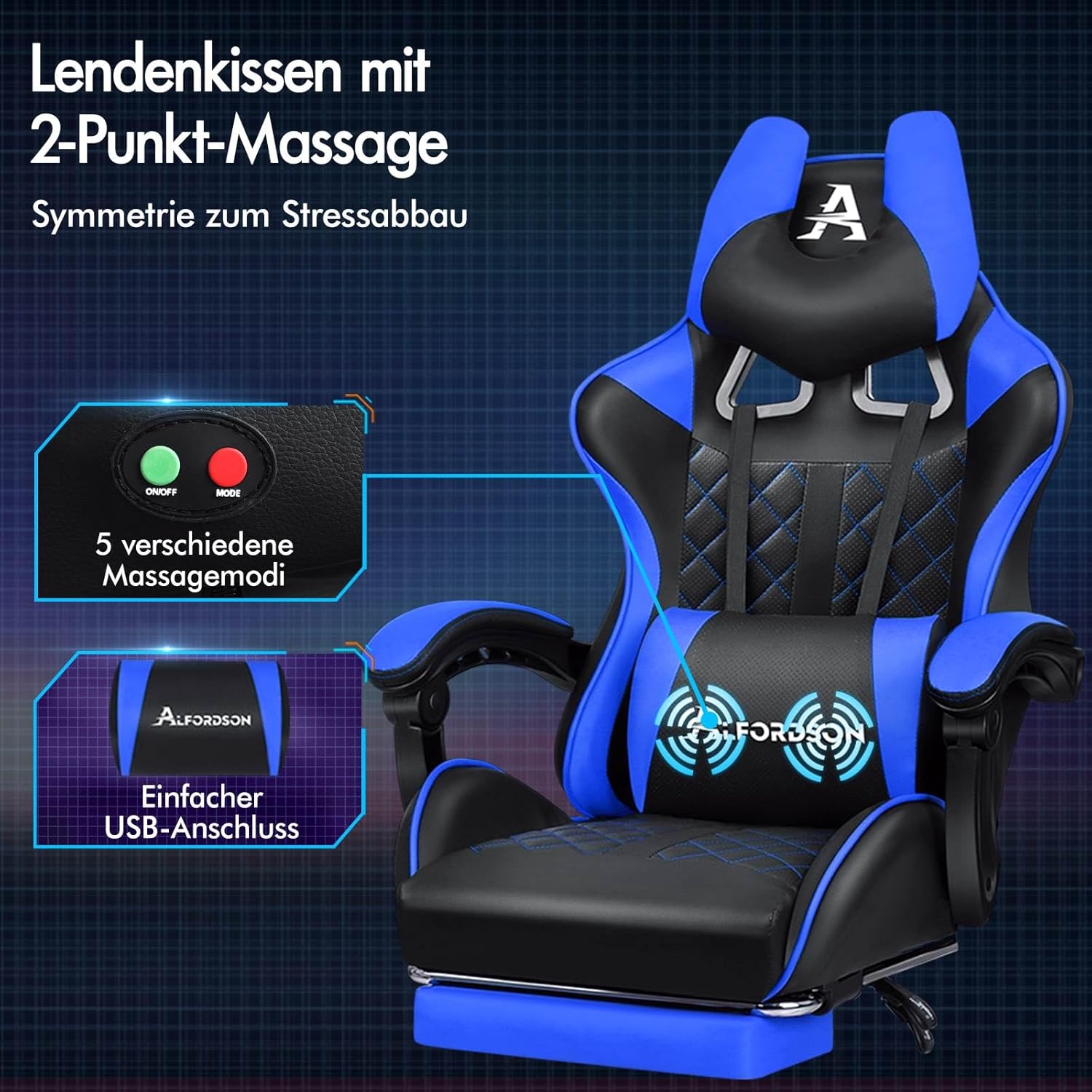 Gaming Chairs - ALFORDSON Comfortable Gaming Office Chair, Integrated Footrest, Lumbar Cushion, 150° Tilt Adjustment, Leather Seat with High Back, Blue – Bild 5