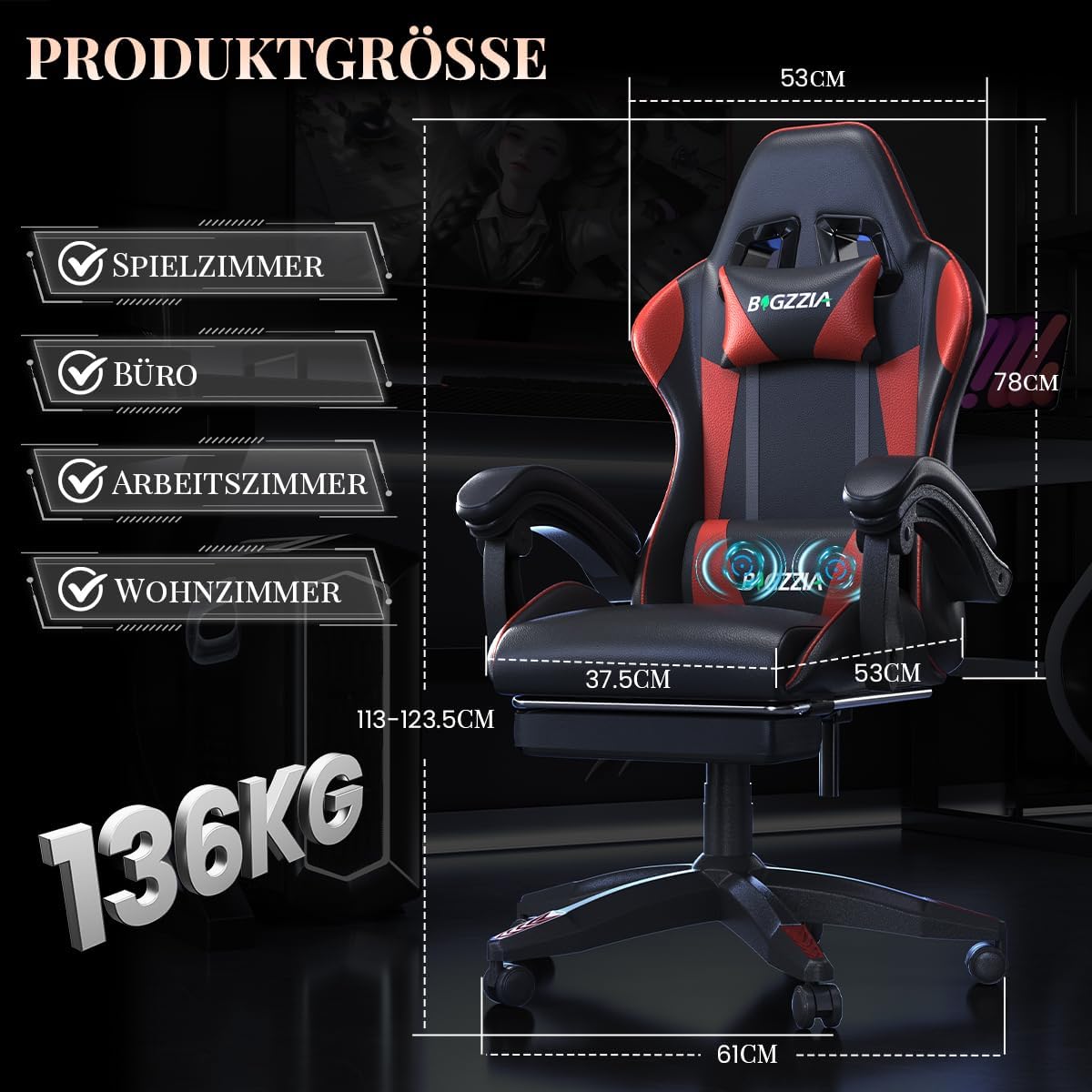 Gaming Chairs - Gaming Chair, Gamer Chair with Footrest, Headrest, Lumbar Cushion, 90° - 155° Height Adjustment, Tilt, 130 kg Load Capacity, PC Gaming Chair for Children, Teenagers, Adults (Black Red) – Bild 2